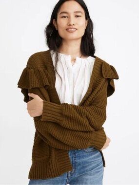 Madewell Olive Green Ruffle-Shoulder Open Cardigan